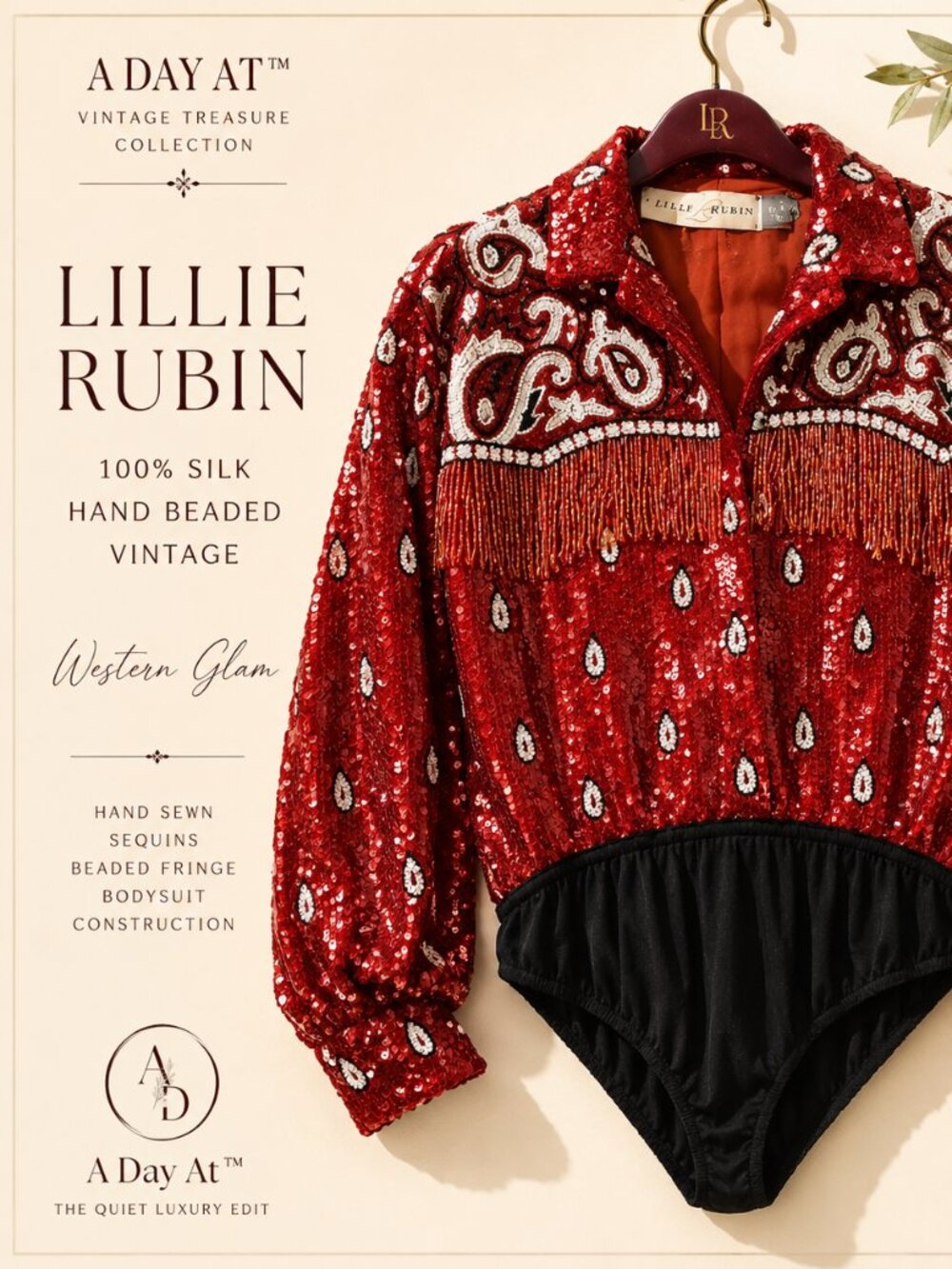 Western Glam Rodeo Queen Lillie Rubin Silk Hand Beaded Sequin Fringe Bodysuit M - Picture 3 of 9